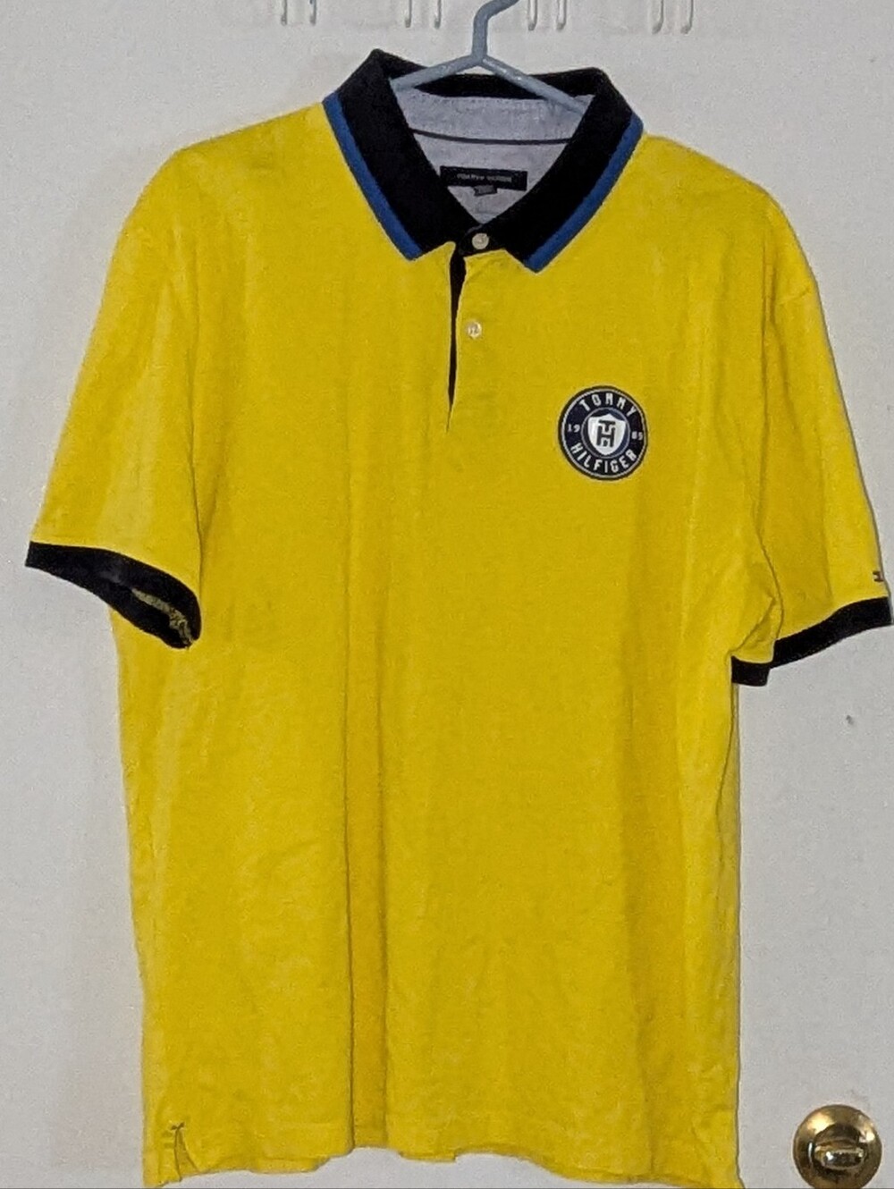 Tommy Hilfiger Yellow Polo with Contrast Black and Blue Collar